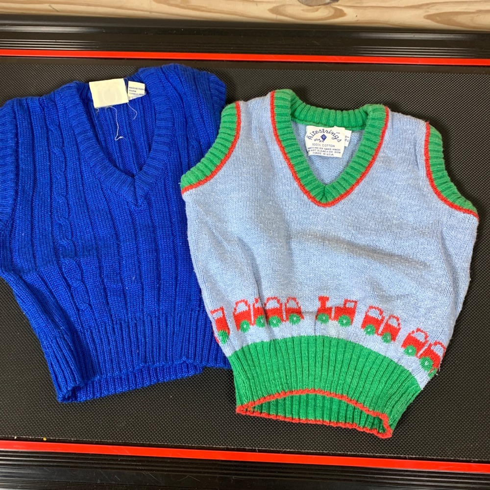J.G. Hook‎ Ritestrings Sweater Vest Kids 2T Blue Train Knit Vintage Lot of 2